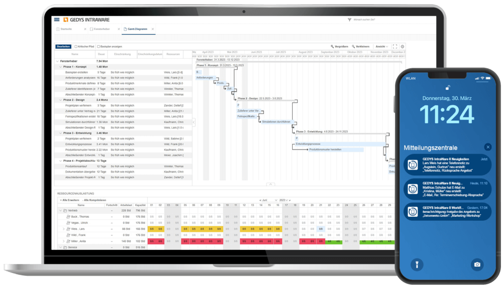 GEDYS IntraWare CRM software release 8.13 with Gantt chart including resource utilization and push messages in CRM app